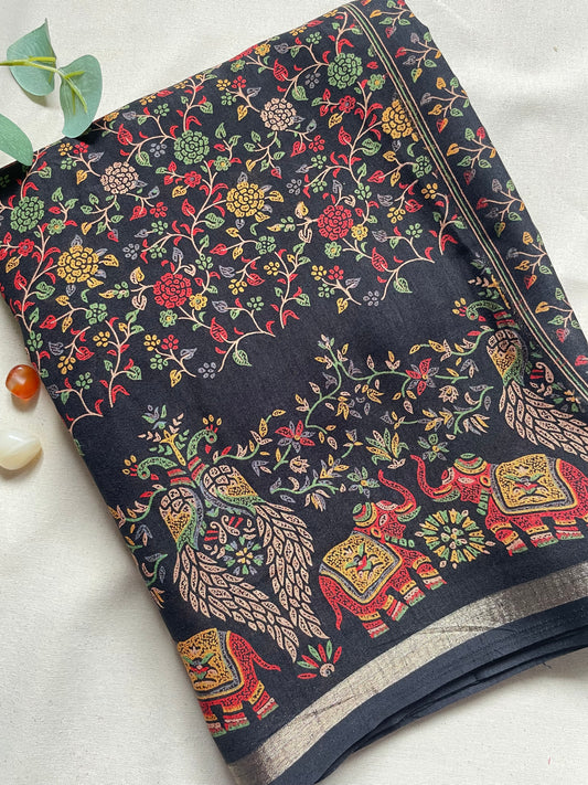 Black Floral Pashmina Silk saree