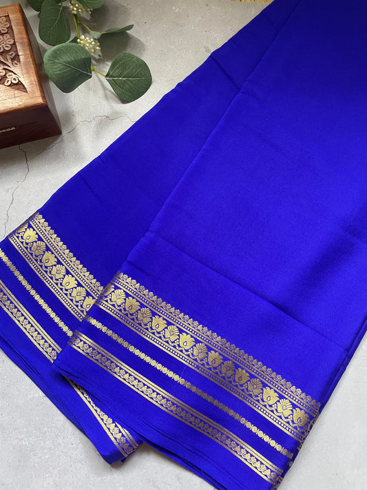 Royal Blue Floral Border Pure Mysore Crepe Silk Saree