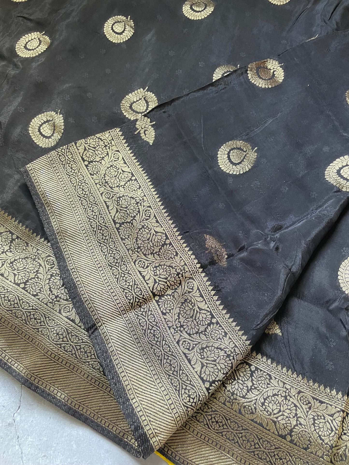 Black N Yellow Satin Crepe(02) Silk Saree