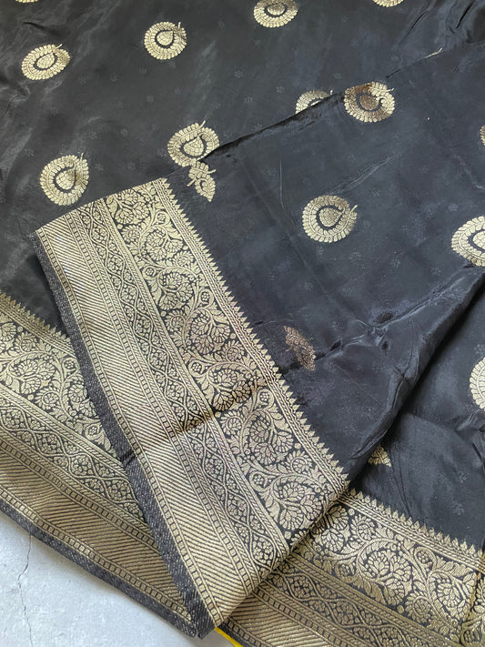 Black N Yellow Satin Crepe(02) Silk Saree