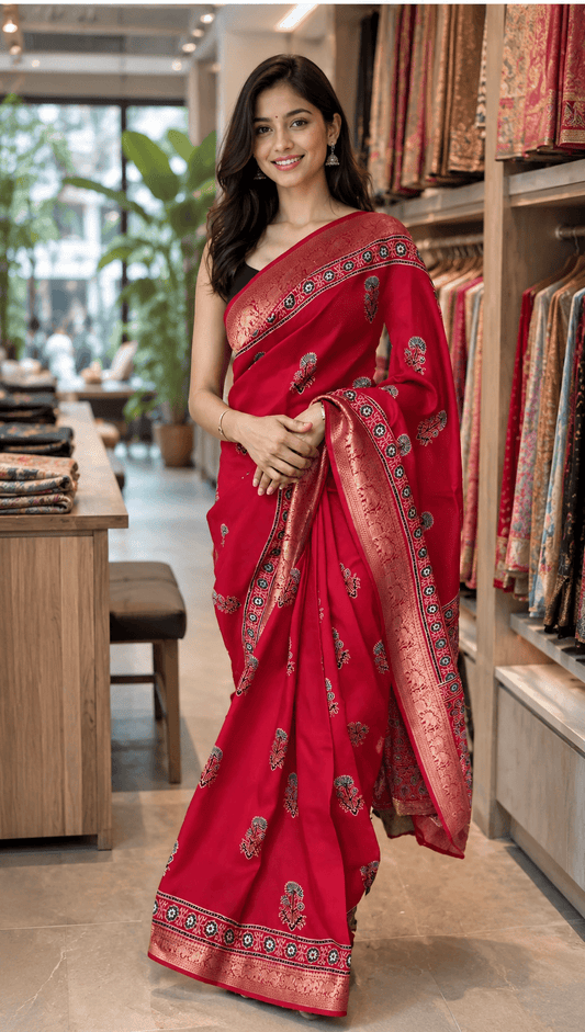 Red Ajrakh Dola Silk Saree
