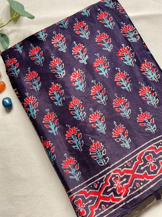 Navy Ajrakh Floral Zari Pallu Modal Silk Saree