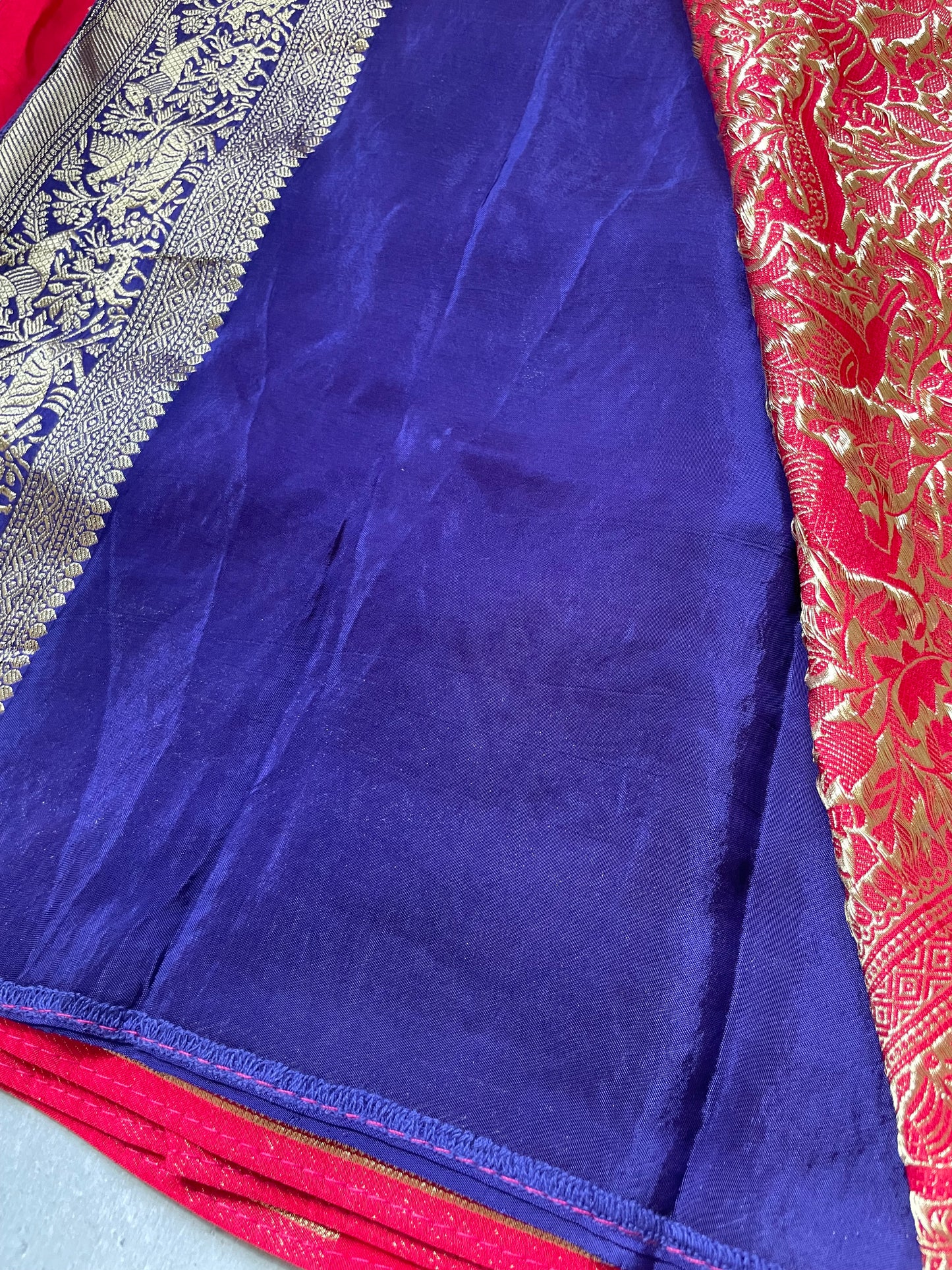 Pink N Blue Satin Crepe(01) Silk Saree