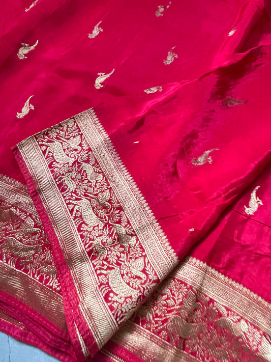 Pink N Blue Satin Crepe(01) Silk Saree