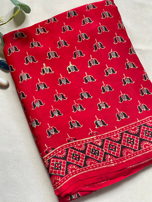 Red Ajrakh Lotus Modal Silk Saree