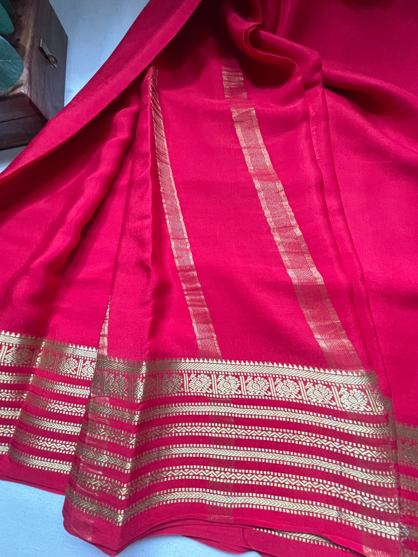 Red Peacock Pure Mysore Crepe Silk Saree