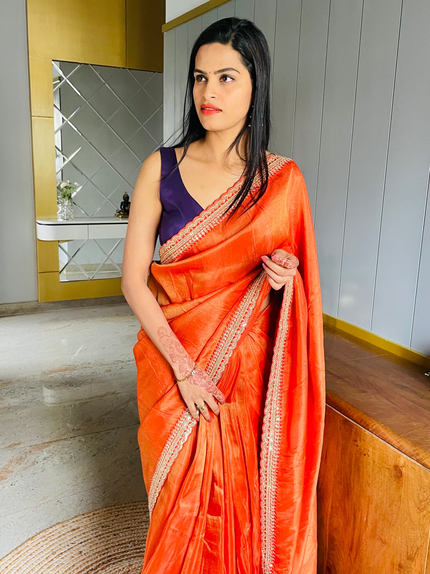 Orange Lace border Tissue Saree