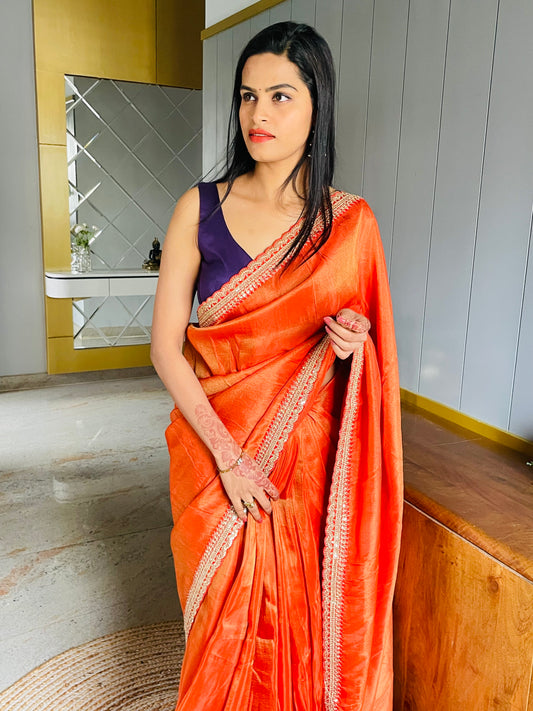Orange Lace border Tissue Saree
