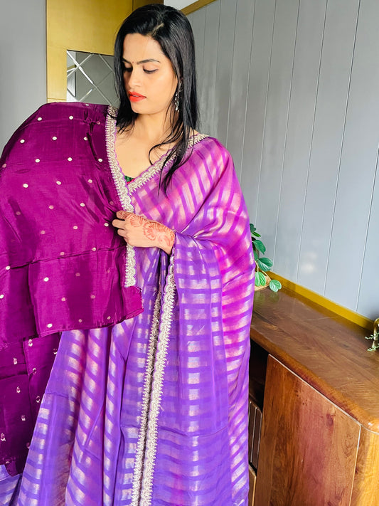 Lavender Stripe Lace border Tissue Saree