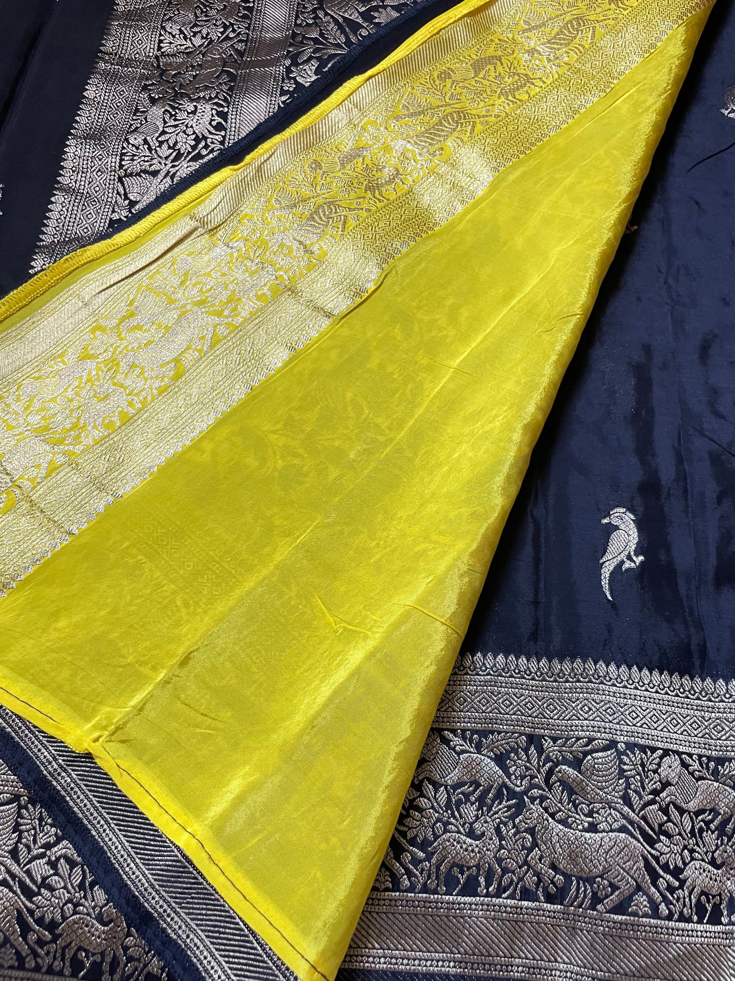 Black N Yellow Satin Crepe(01) Silk Saree