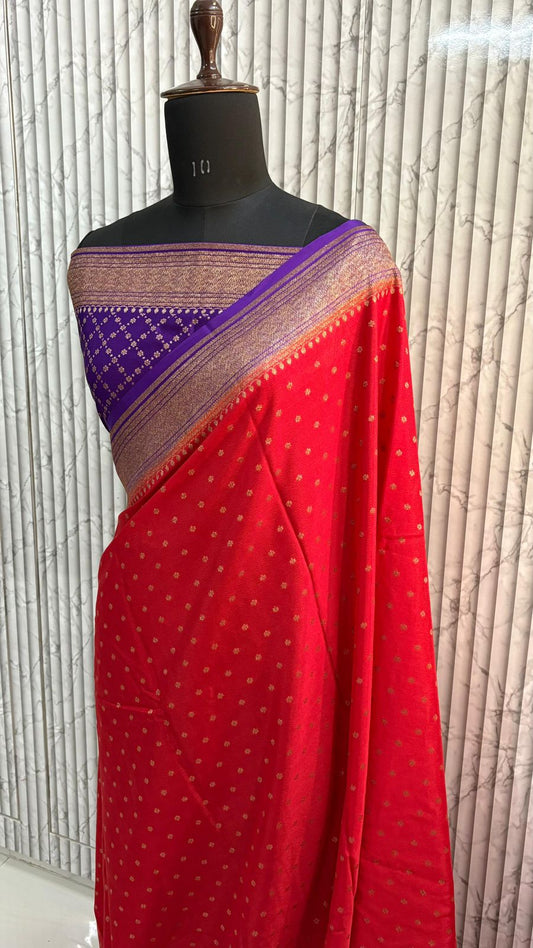 Red N Purple Koniya Banarasi Pure Crepe Chiffon Saree