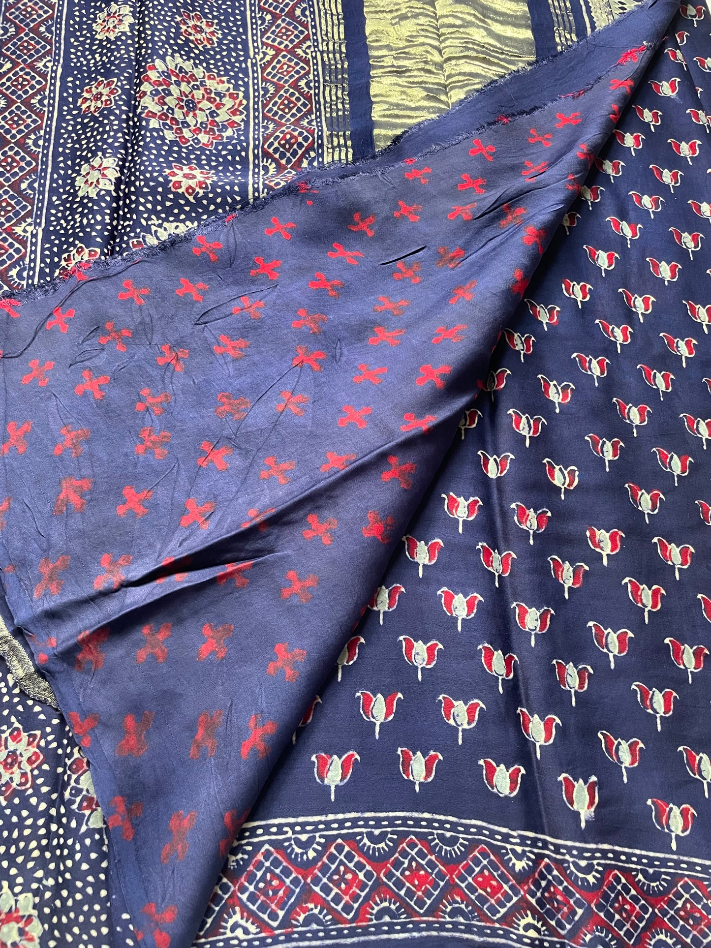 Navy Ajrakh Lotus  Zari Pallu Modal Silk Saree