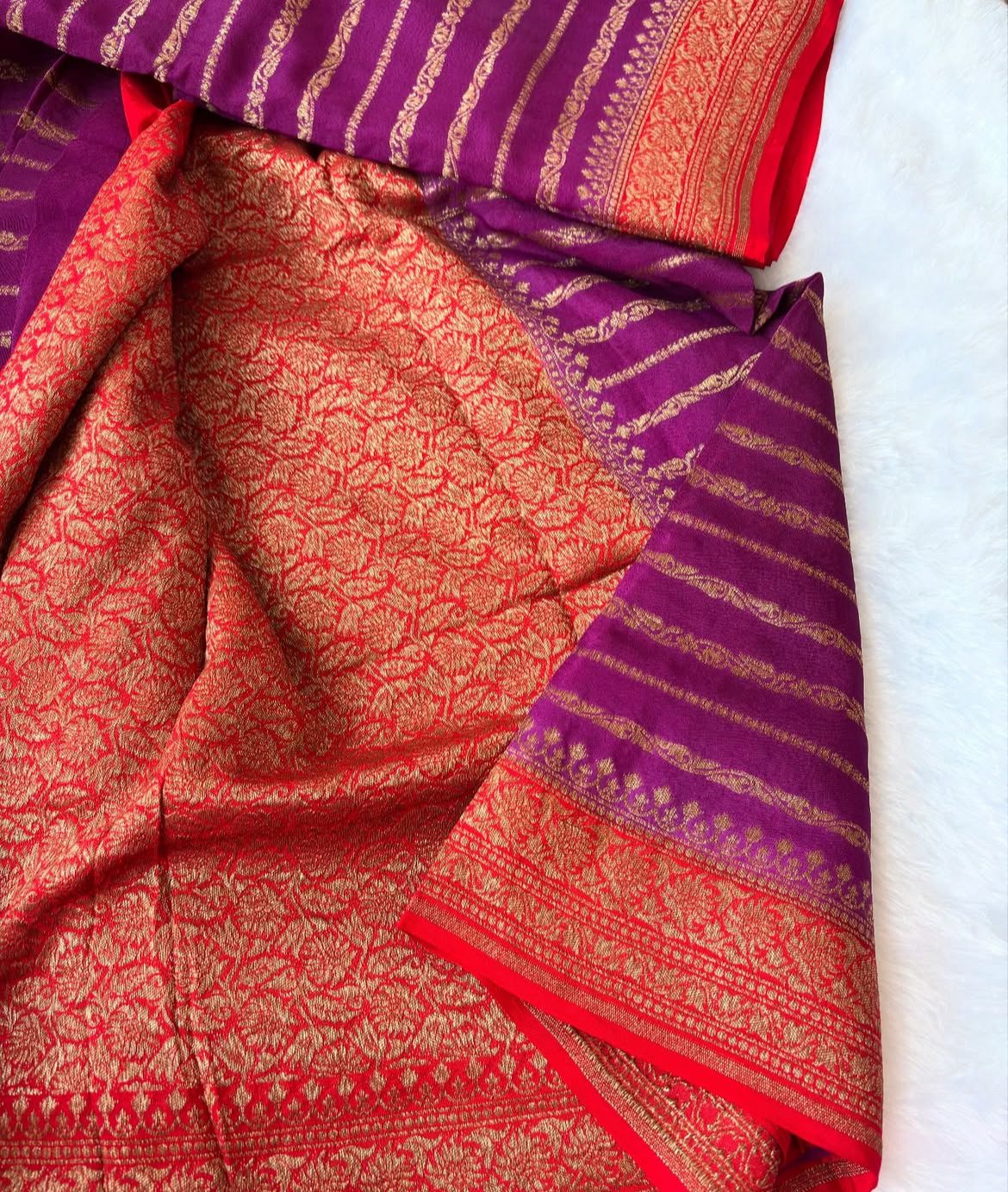 Wine N Red Stripes Banarasi Pure Crepe Chiffon Saree