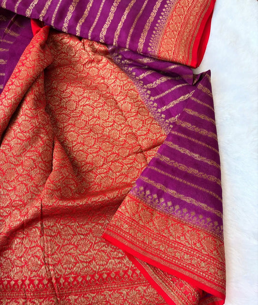 Wine N Red Stripes Banarasi Pure Crepe Chiffon Saree