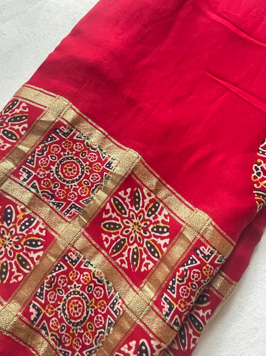 Red Ajrakh Gharchola Modal Silk Saree