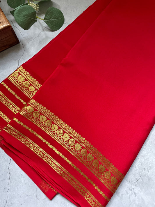 Red Floral Border Pure Mysore Crepe Silk Saree
