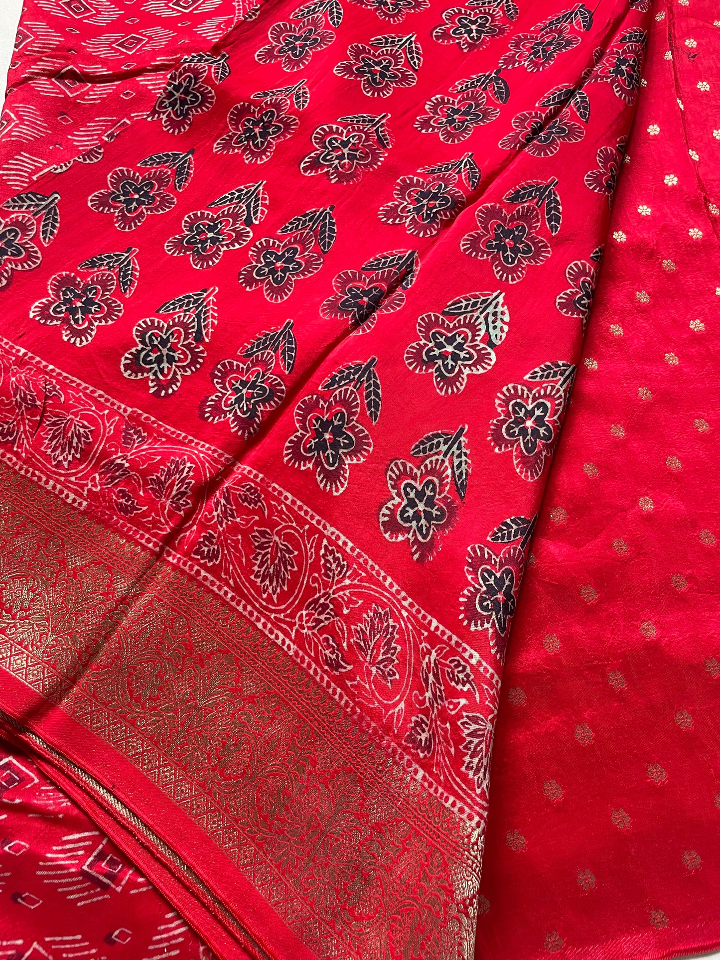 Red Ajrakh Dola Silk Saree