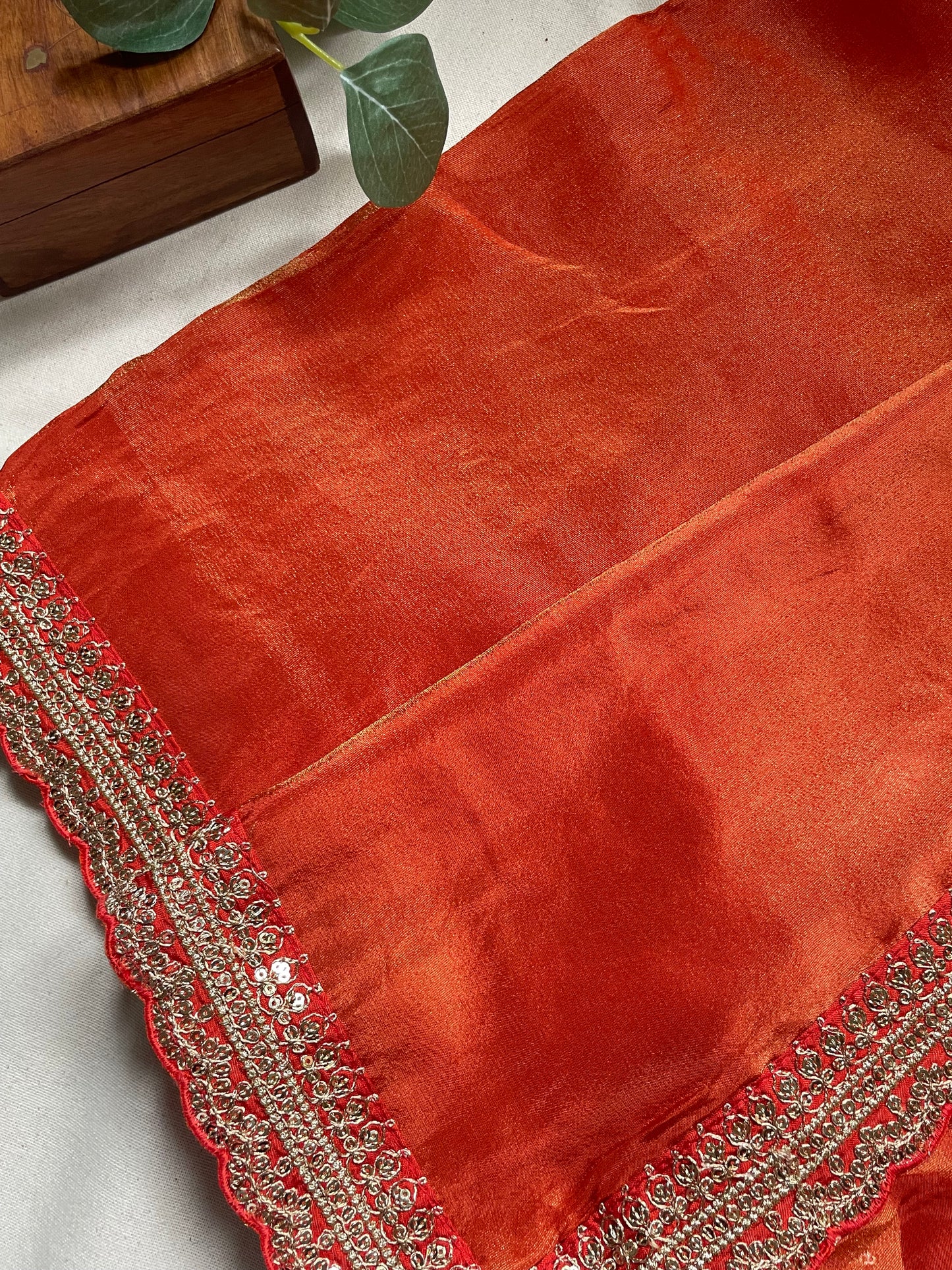 Orange Lace border Tissue Saree