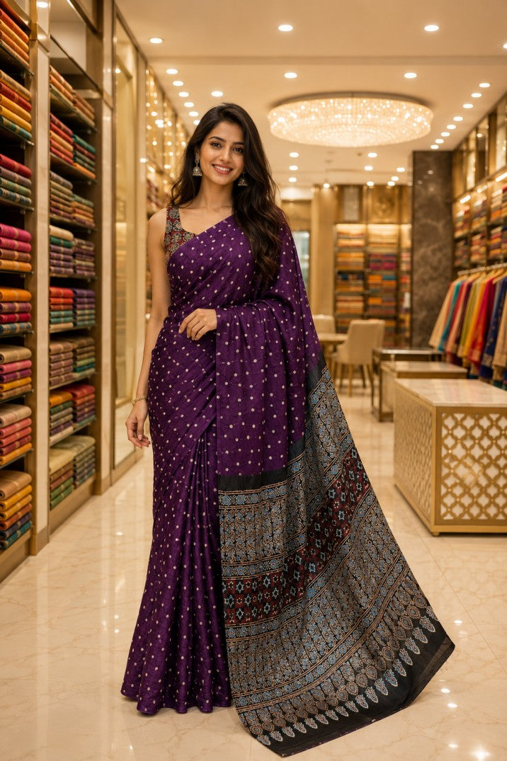 Purple Bandhini Ajrakh Pure Modal Silk Saree