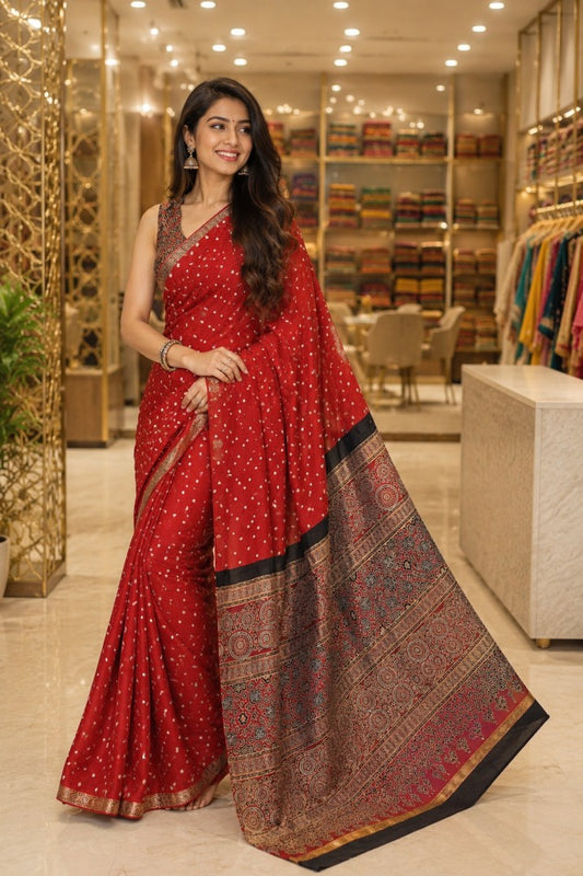 Red Bandhini Ajrakh Pure Modal Silk Saree