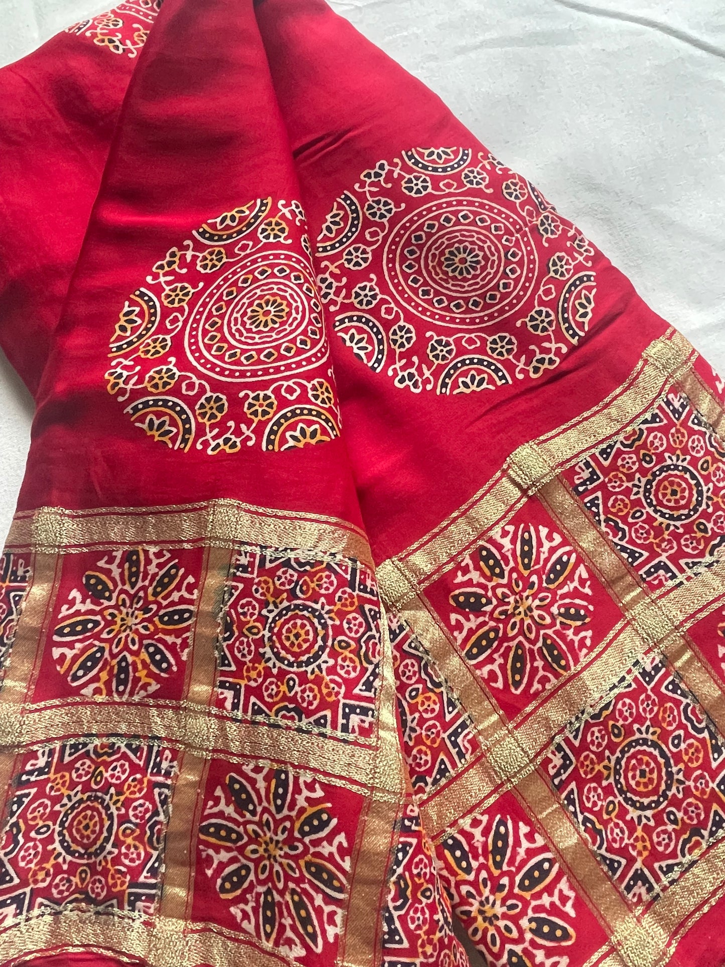 Red Ajrakh Gharchola Modal Silk Saree