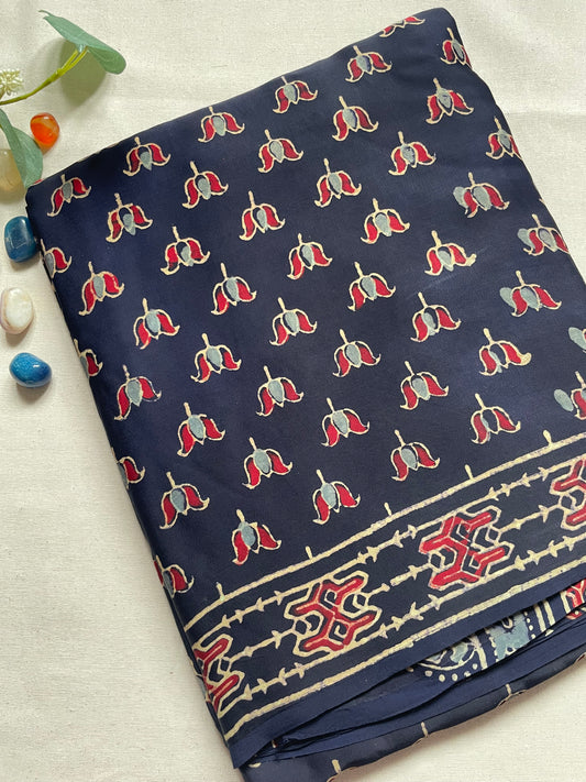 Navy Ajrakh Lotus Modal Silk Saree