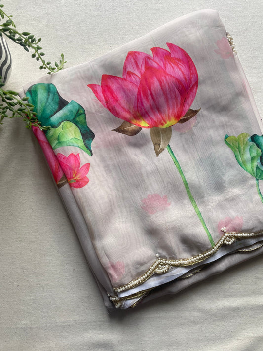 White Floral Print Soft Organza Saree