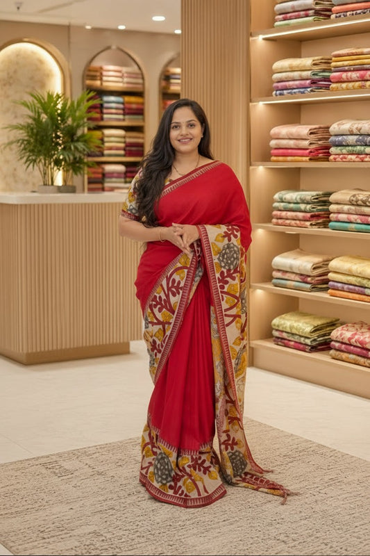 Red Kalamkari Printed Mangalgiri Silk Cotton Saree