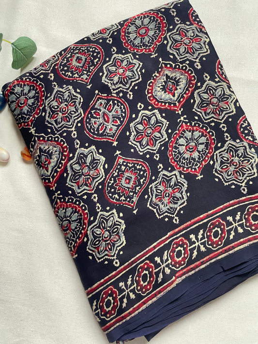 Navy Ajrakh Blockprint Modal Silk Saree