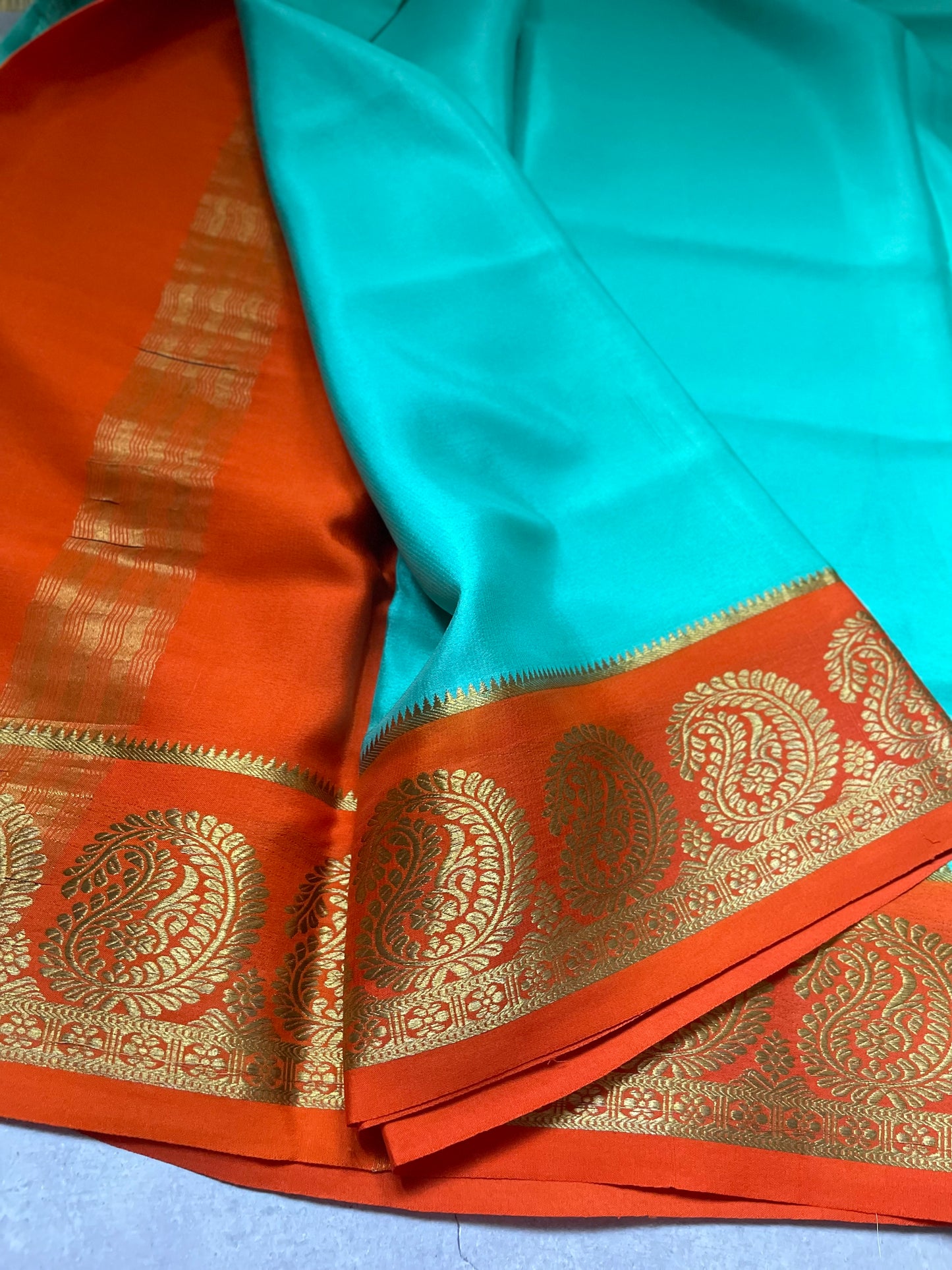 Sea Green N Orange Big Mango Pure Mysore Crepe Silk Saree