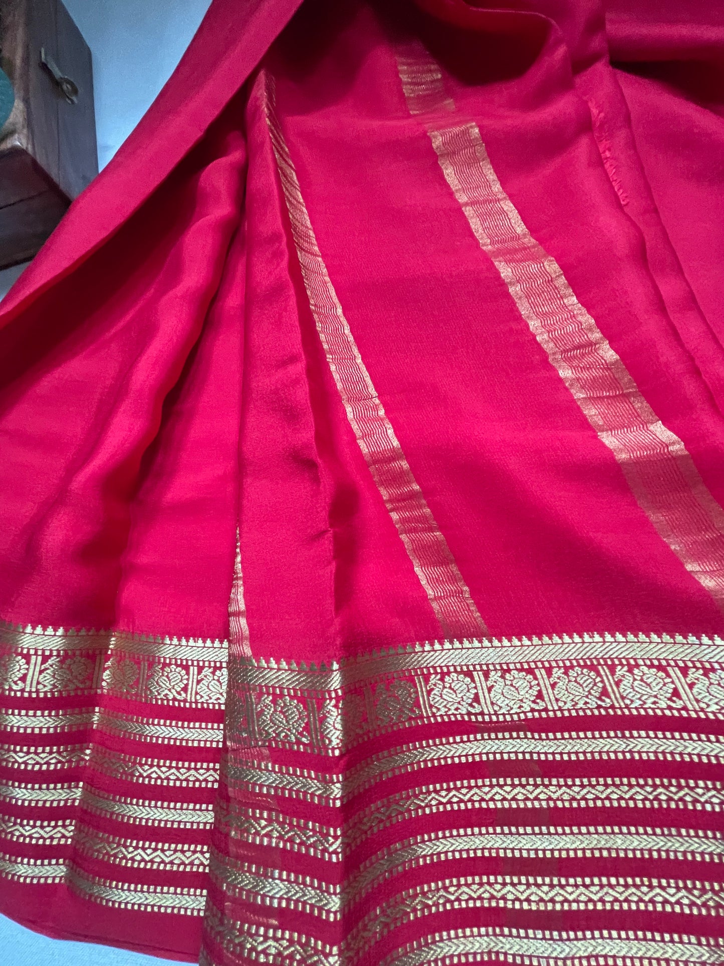 Red Peacock Pure Mysore Crepe Silk Saree