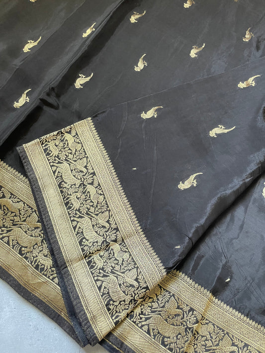 Black N Yellow Satin Crepe(01) Silk Saree