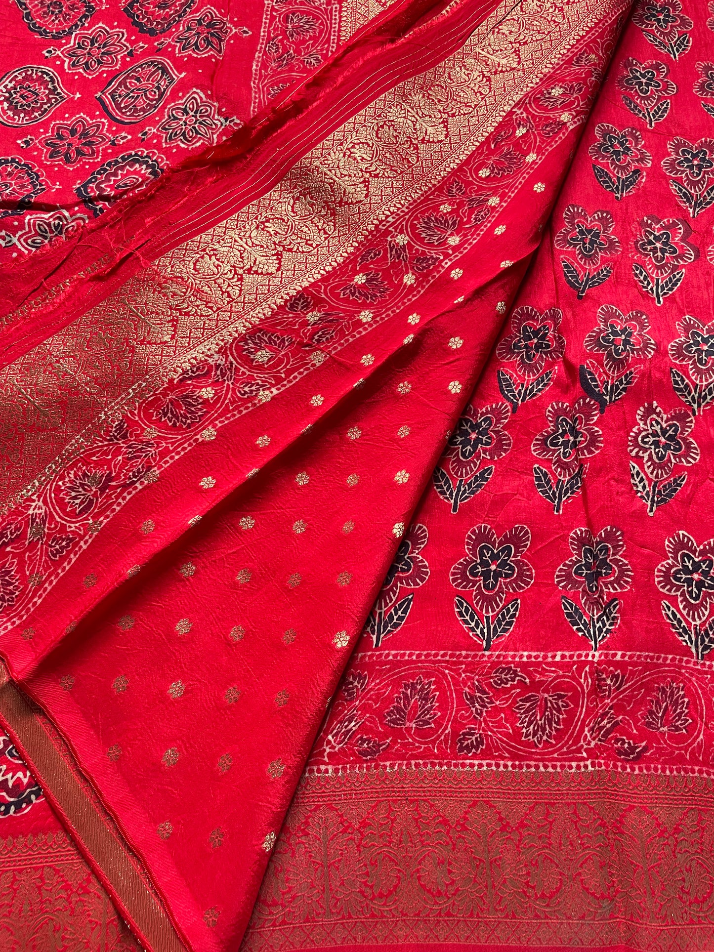 Red Ajrakh Dola Silk Saree