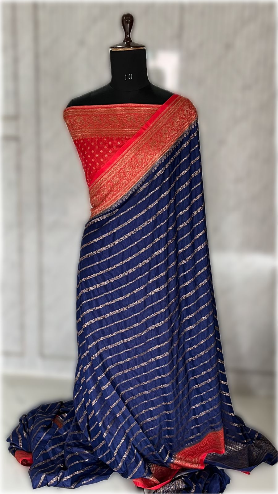 Blue N Red Stripes Banarasi Pure Crepe Chiffon Saree