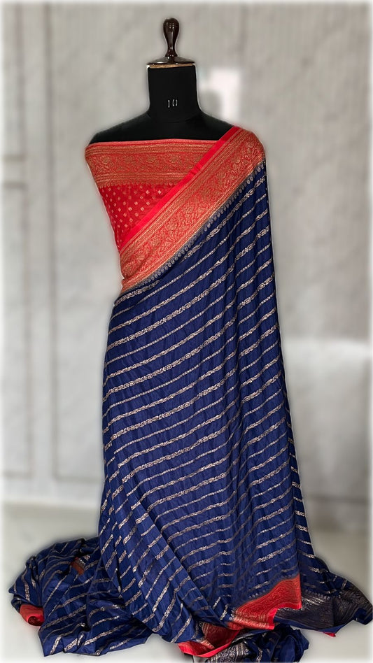 Blue N Red Stripes Banarasi Pure Crepe Chiffon Saree