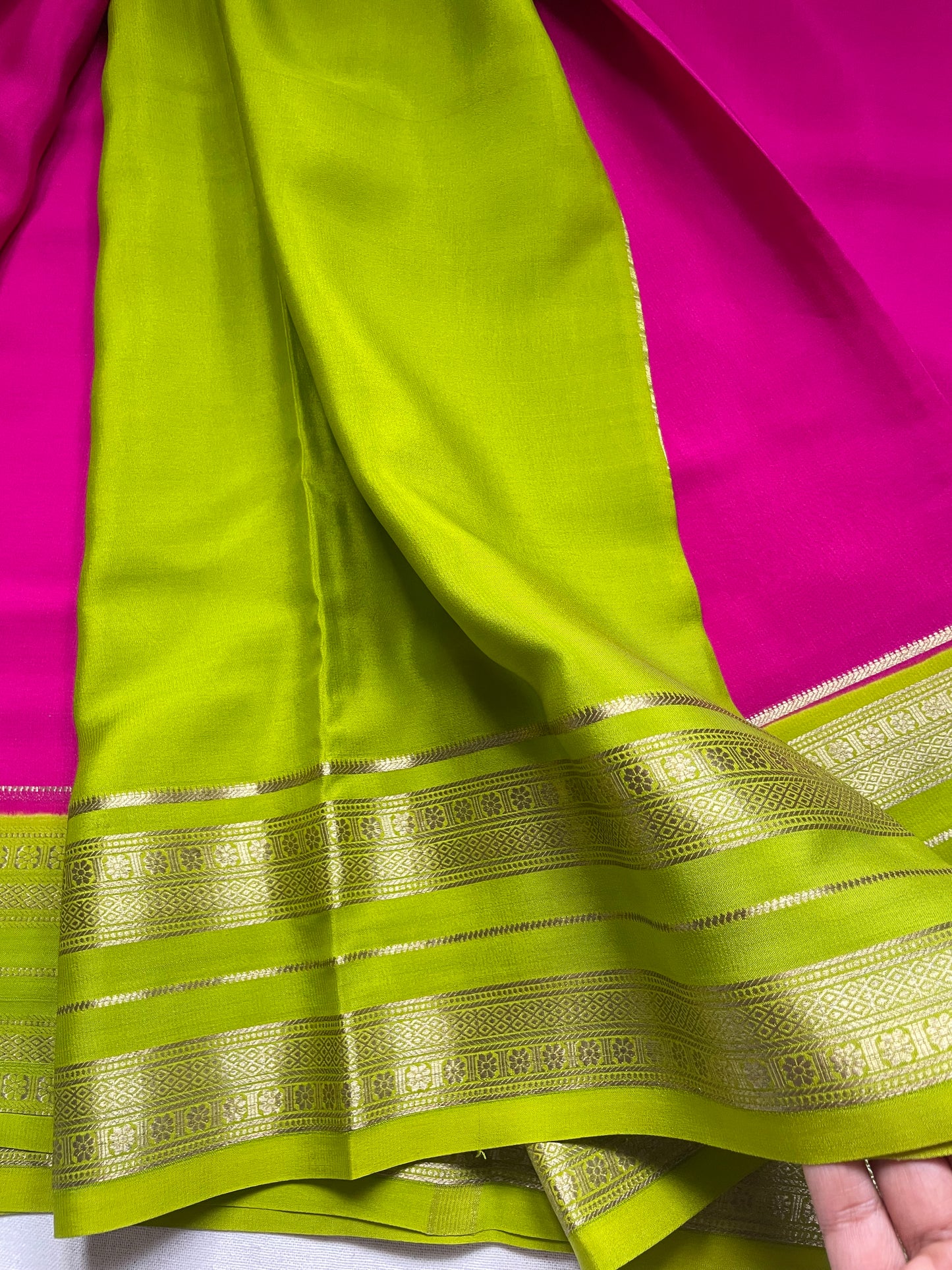 Pink N Green Bentex Pure Mysore Crepe Silk Saree