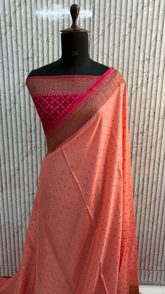 Peach N Pink Koniya Banarasi Pure Crepe Chiffon Saree