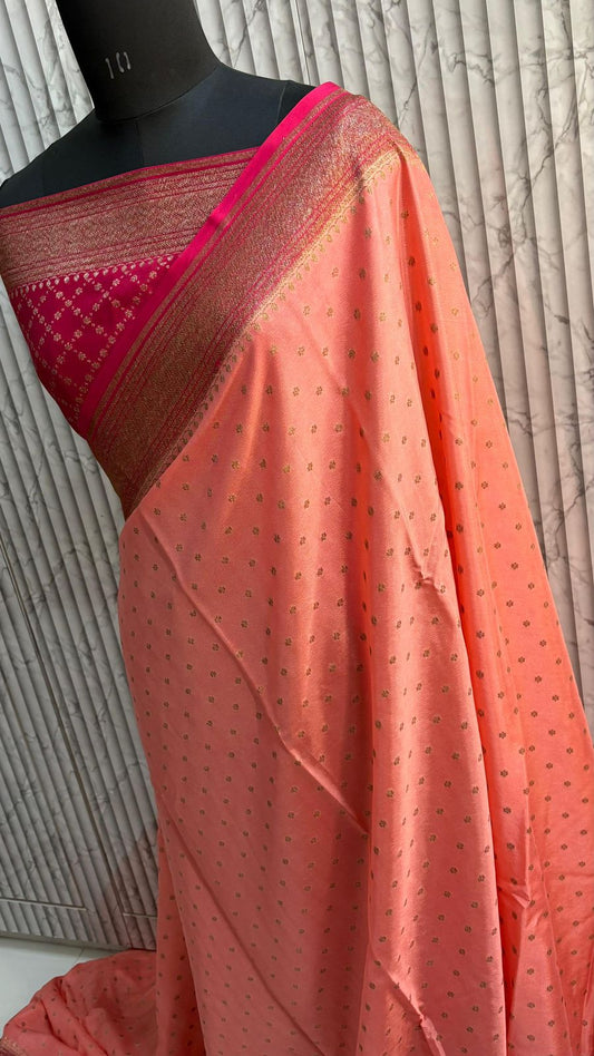 Peach N Pink Koniya Banarasi Pure Crepe Chiffon Saree