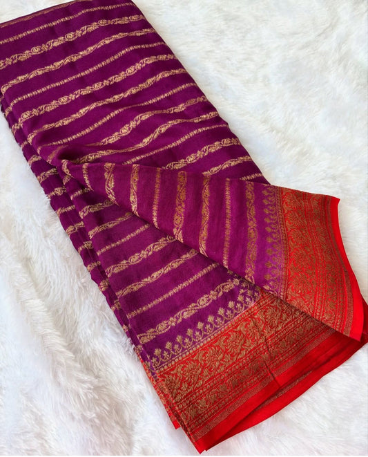 Wine N Red Stripes Banarasi Pure Crepe Chiffon Saree