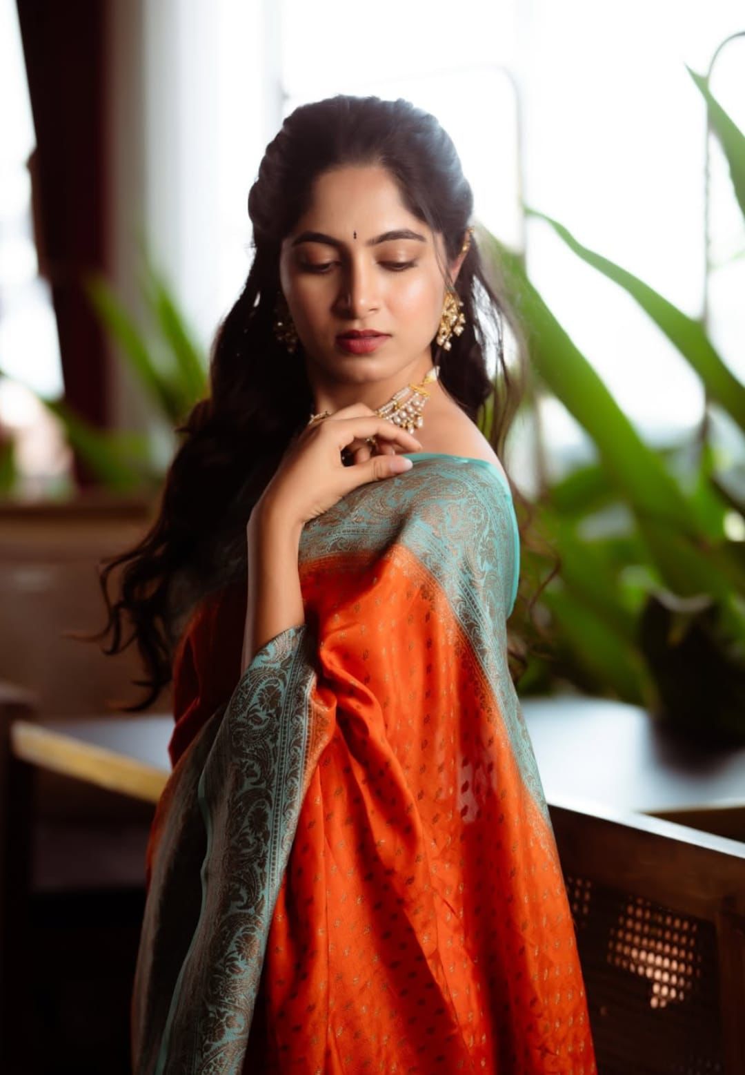 Orange N Blue Koniya Banarasi Pure Crepe Chiffon Saree