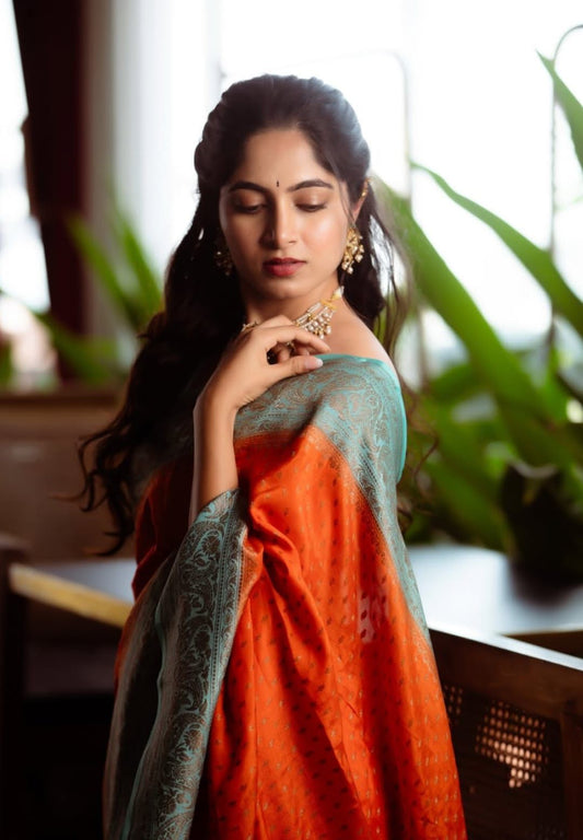 Orange N Blue Koniya Banarasi Pure Crepe Chiffon Saree