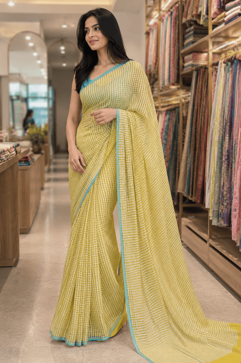 Yellow Checks Pure Maheshwari Silk Cotton Saree