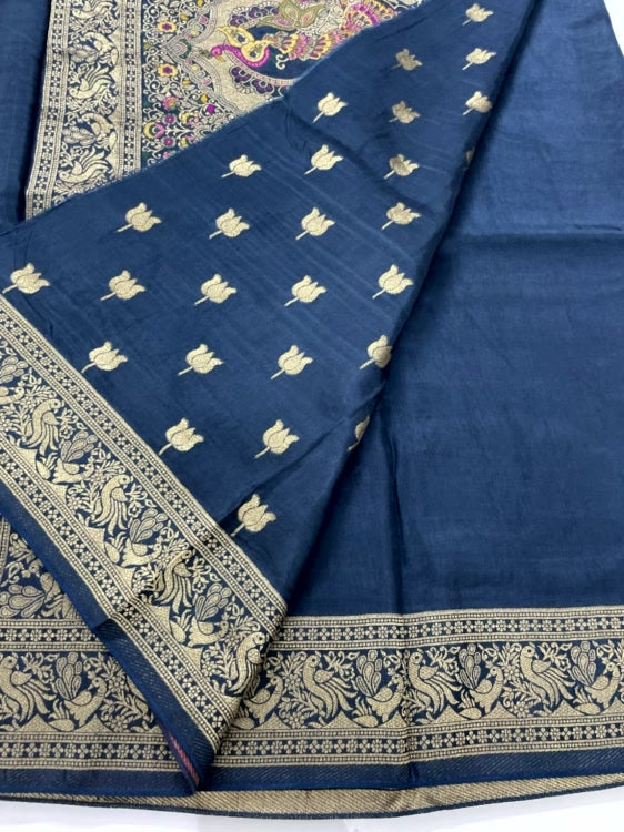 Peacock Blue Meenakari Pallu Dola Silk Saree