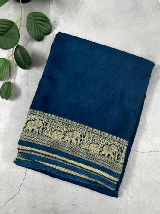 Peacock Blue Plain Dola Silk Saree