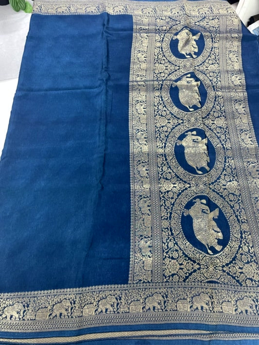 Peacock Blue Plain Dola Silk Saree