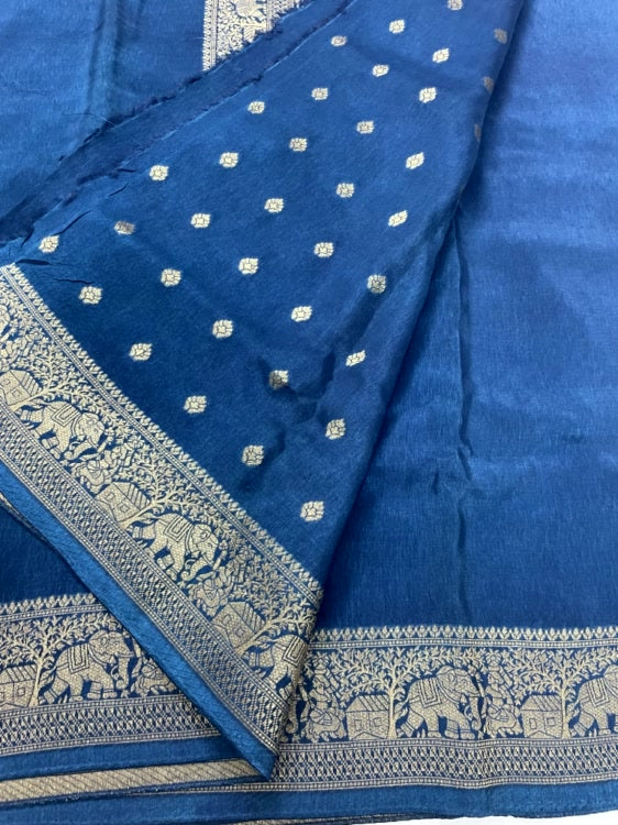 Peacock Blue Plain Dola Silk Saree