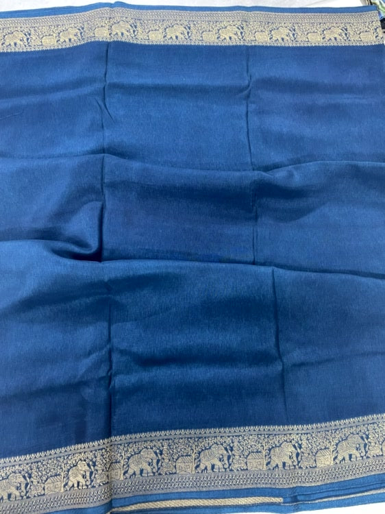 Peacock Blue Plain Dola Silk Saree