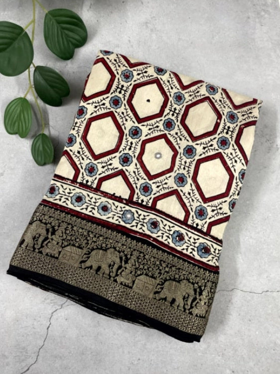 White Mirror Ajrakh Handblock Dola Silk Saree