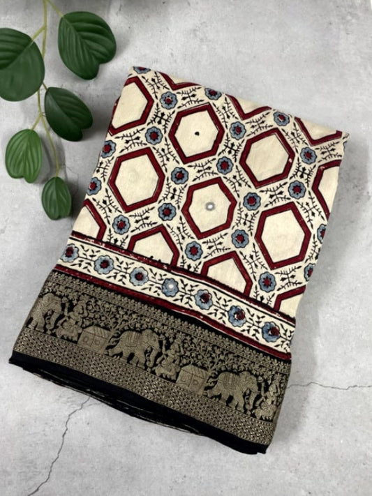 White Mirror Ajrakh Handblock Dola Silk Saree
