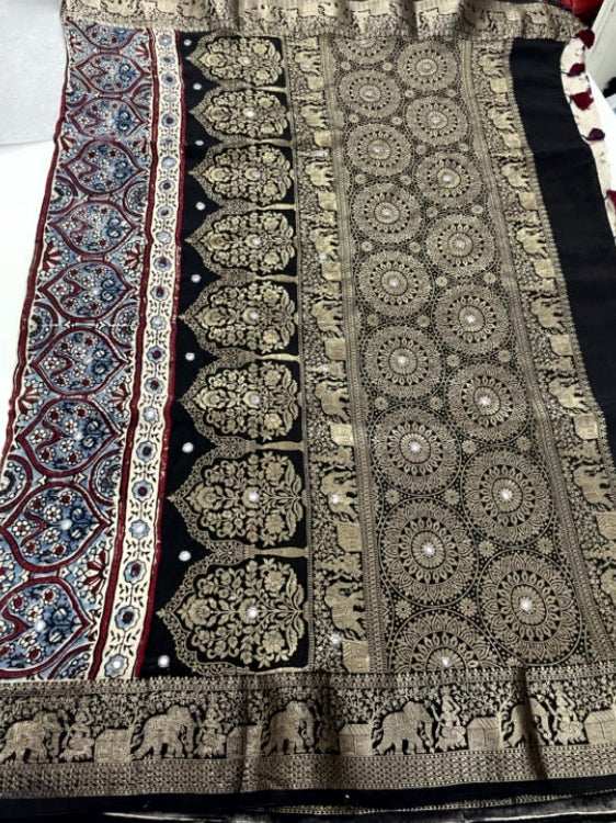 White Mirror Ajrakh Handblock Dola Silk Saree